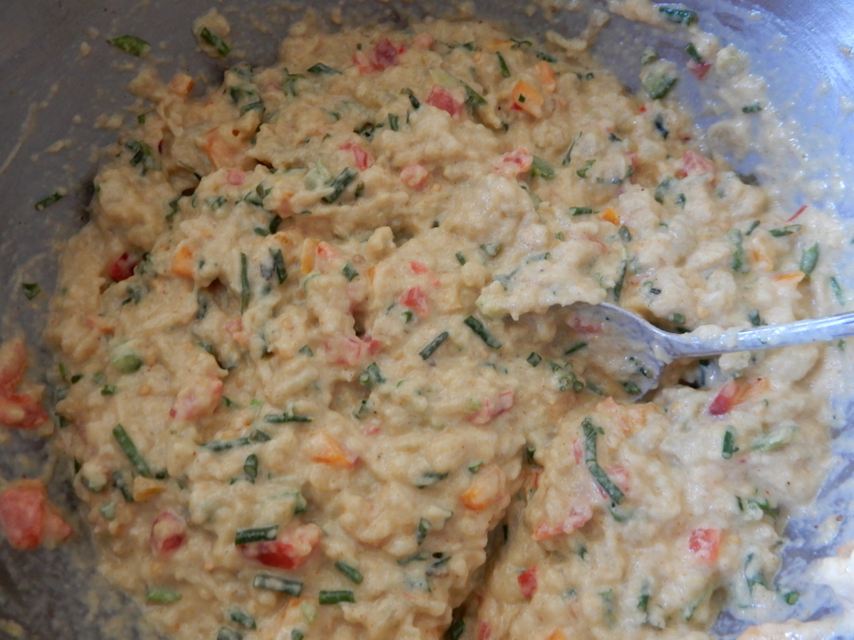Baba Ghanoush Woodville style: with red, orange and green pepper, + added chopped chives just beginning to force through in this late spring.