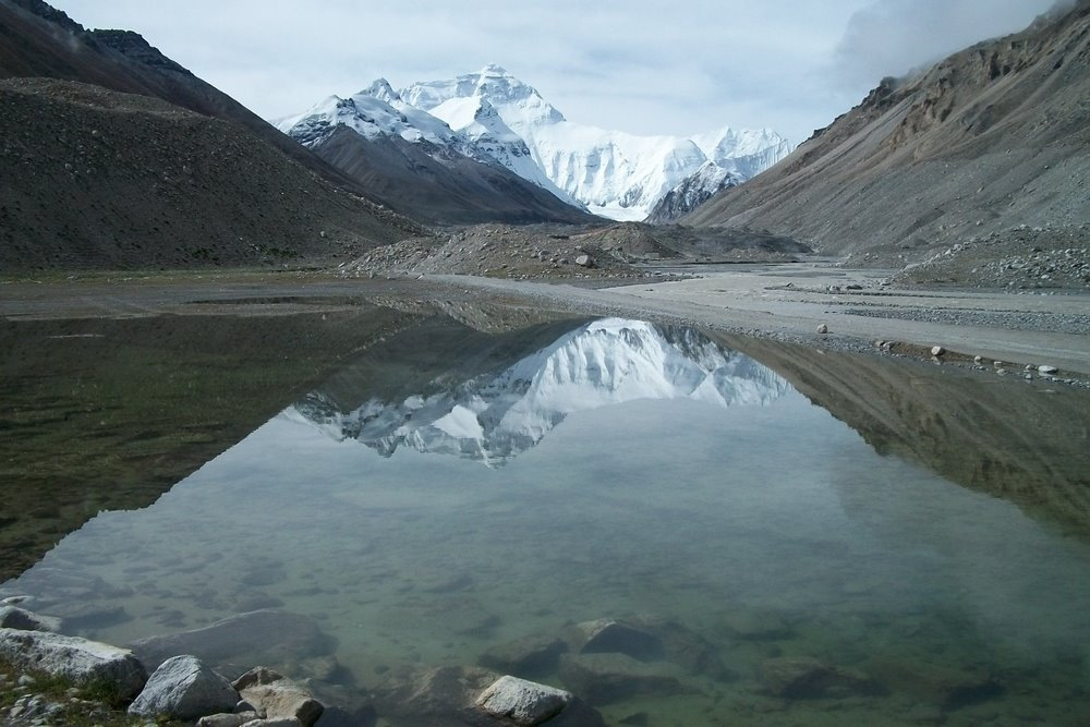 Mt Everest from 2nd base camp reflecting pool of alpine glacial meltwater; altitude of 17,200'. 8/2011